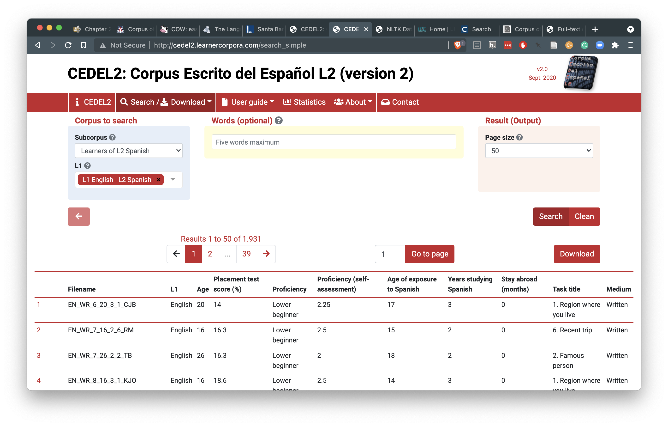 Search and download interface for the CEDEL2 Corpus