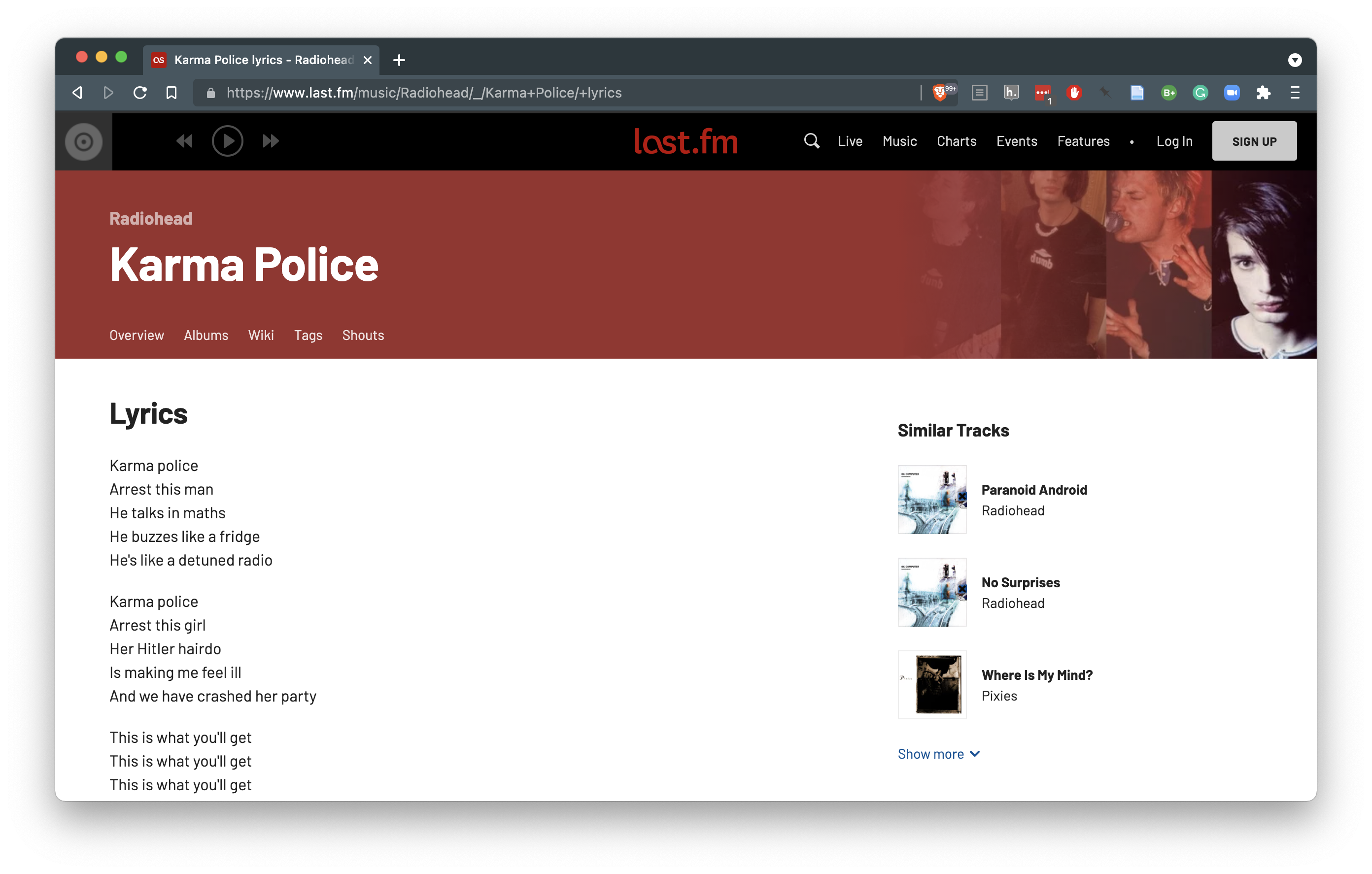 Lyrics page from last.fm