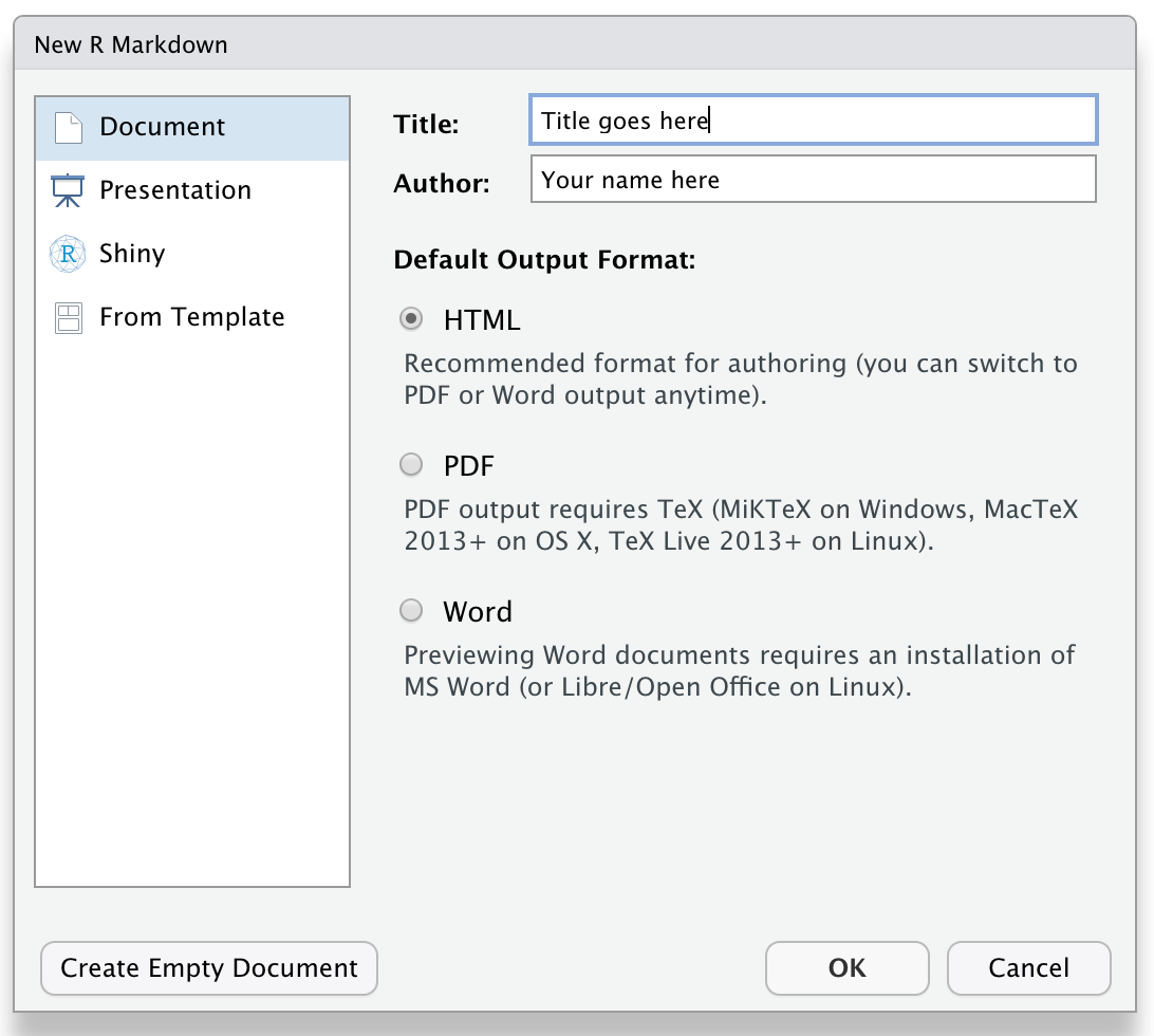 RStudio dialogue box for creating an R Markdown document.