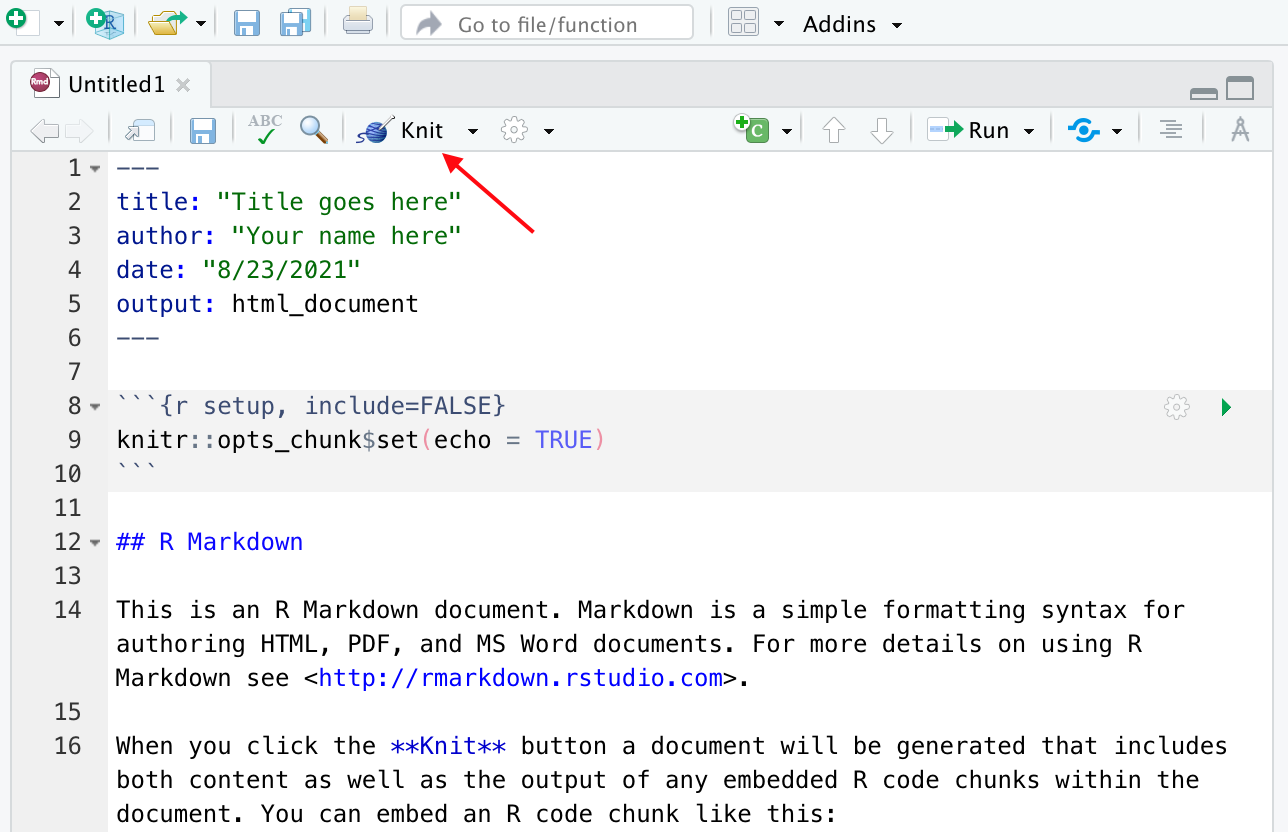 Knit and R Markdown document from the RStudio toolbar.